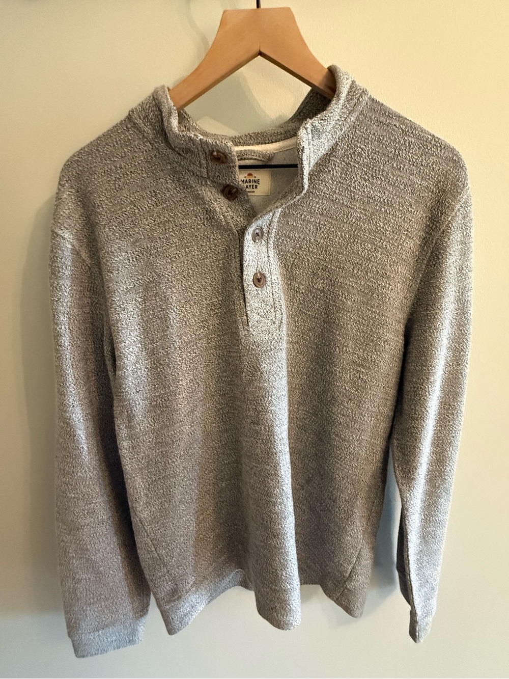 Marine Layer Medium Gray Textured Henley Pullover Sweater Organic Cotton